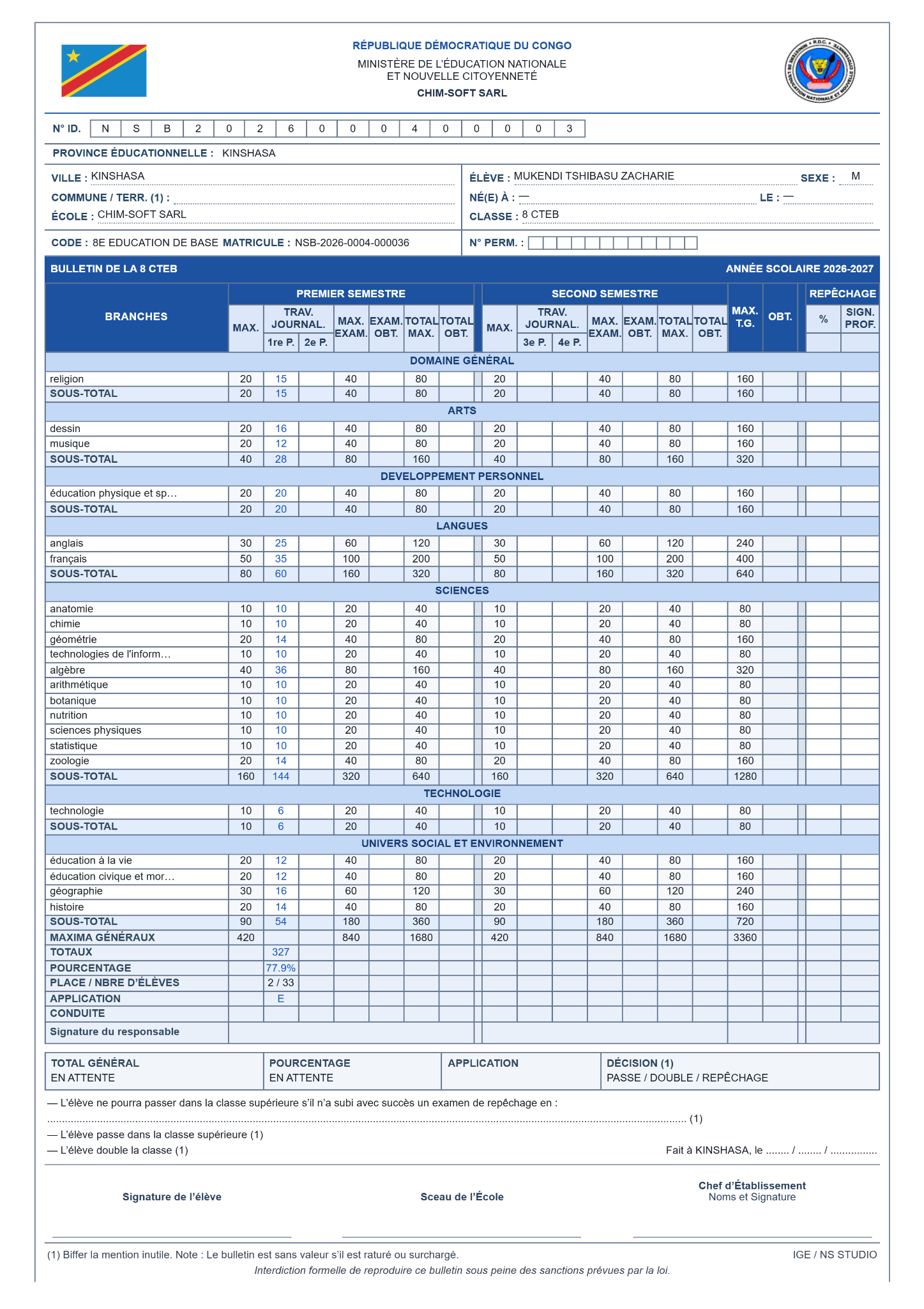 Exemple de bulletin scolaire dans NS STUDIO